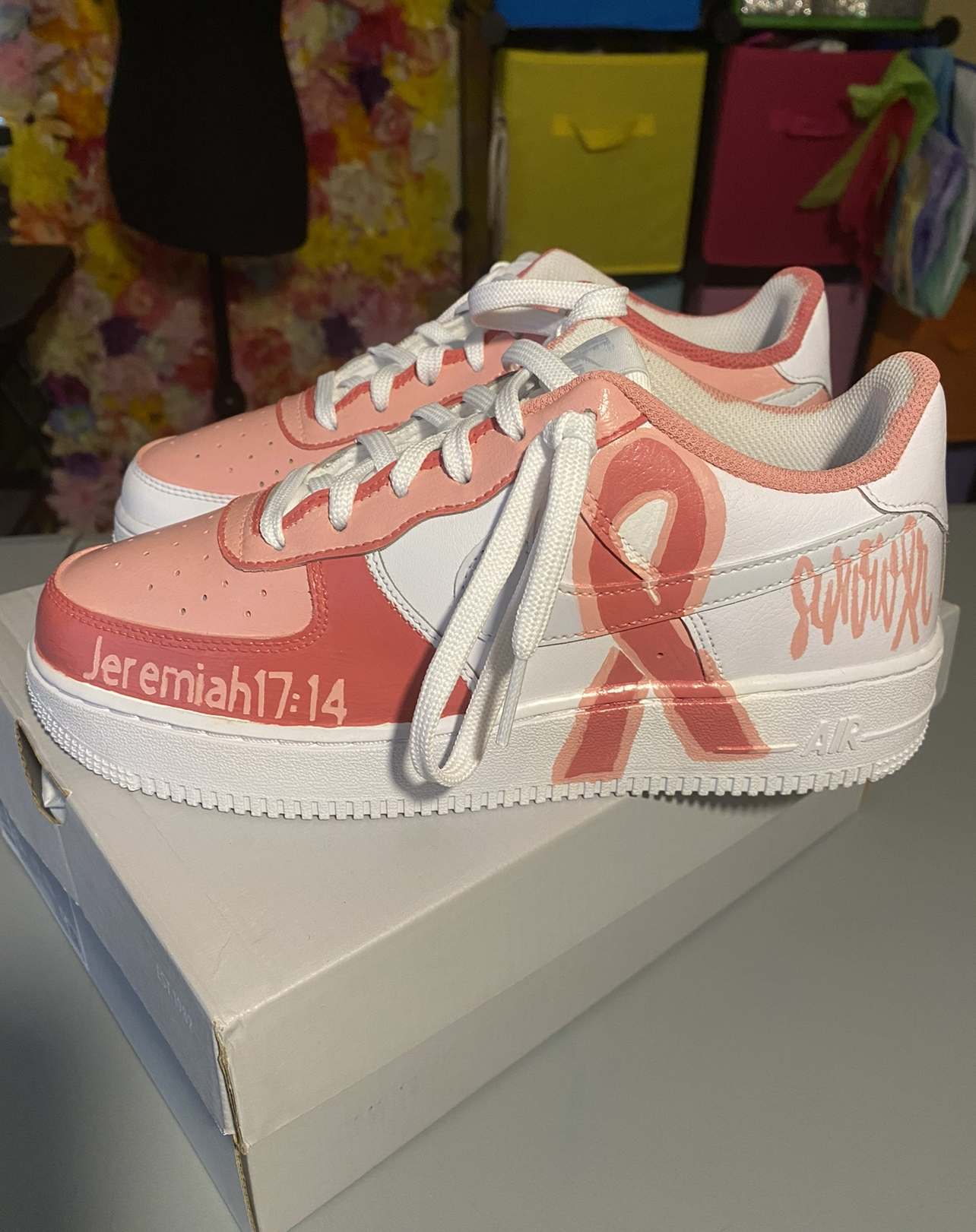 Custom painted pink ribbon awareness sneakers