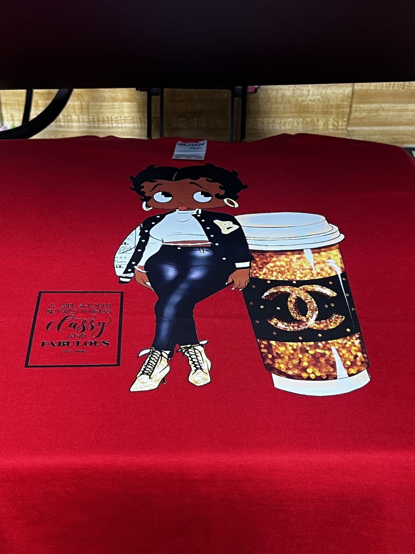 Custom red shirt with Betty Boop Classy and Fabulous glitter cup design