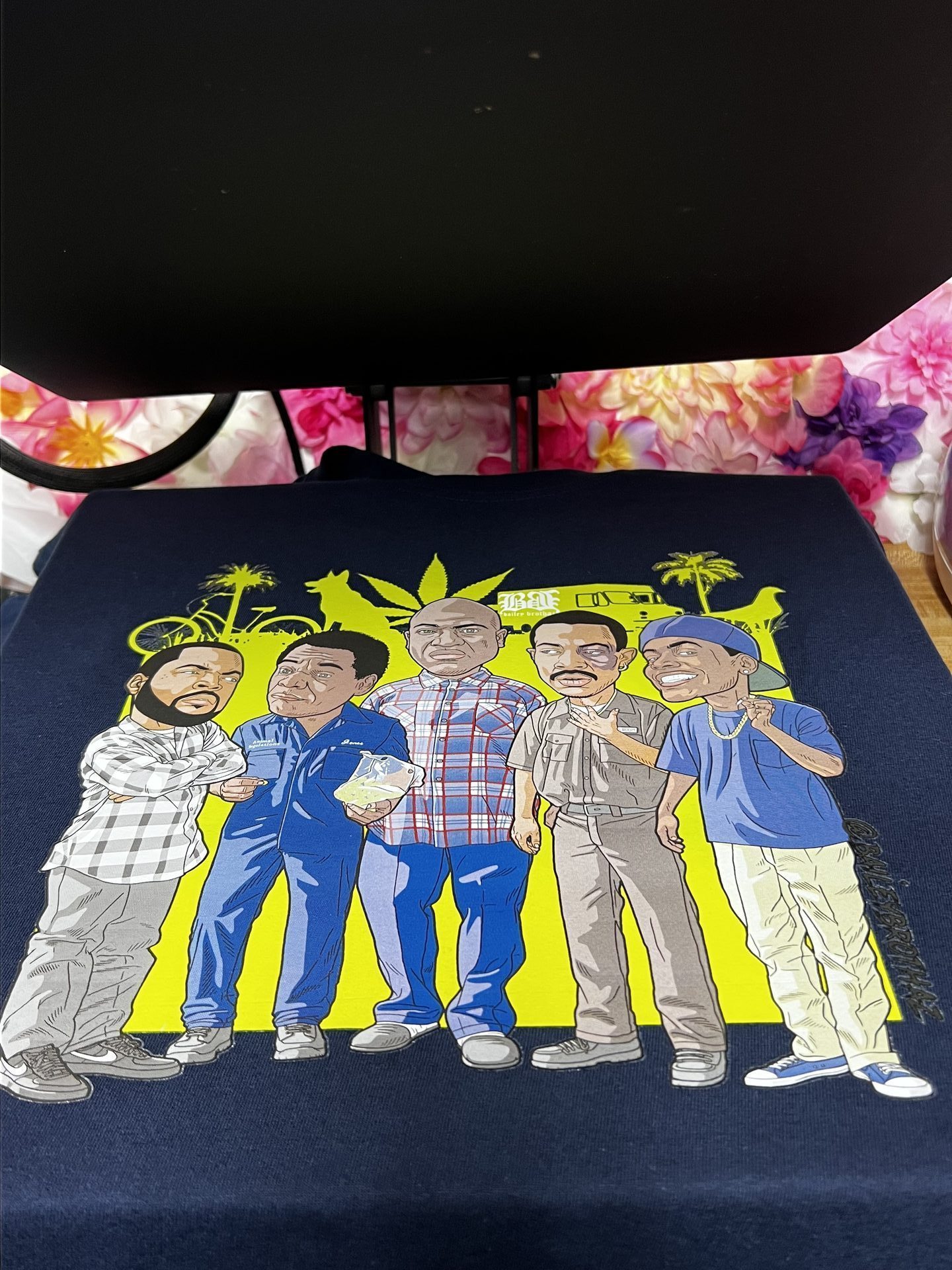 Custom navy shirt with Friday movie group caricature illustration